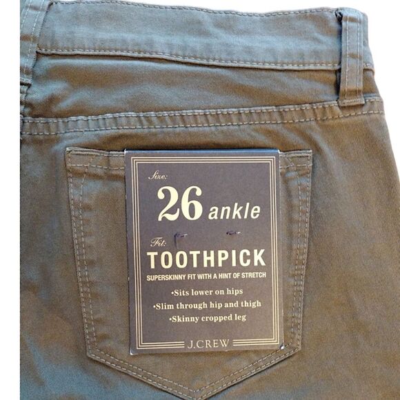 NWT J. Crew Toothpick Ankle Cropped Green Jeans with Red‎/White Trim, Size 26 - Picture 5 of 8